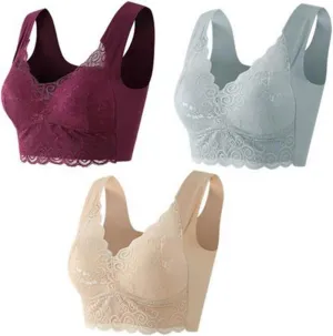 Everyday Bras for Women Lace Beauty Back Smoothing Bra Comfort-Strap Wireless Bra Underwear Plus Size Bra 3PC