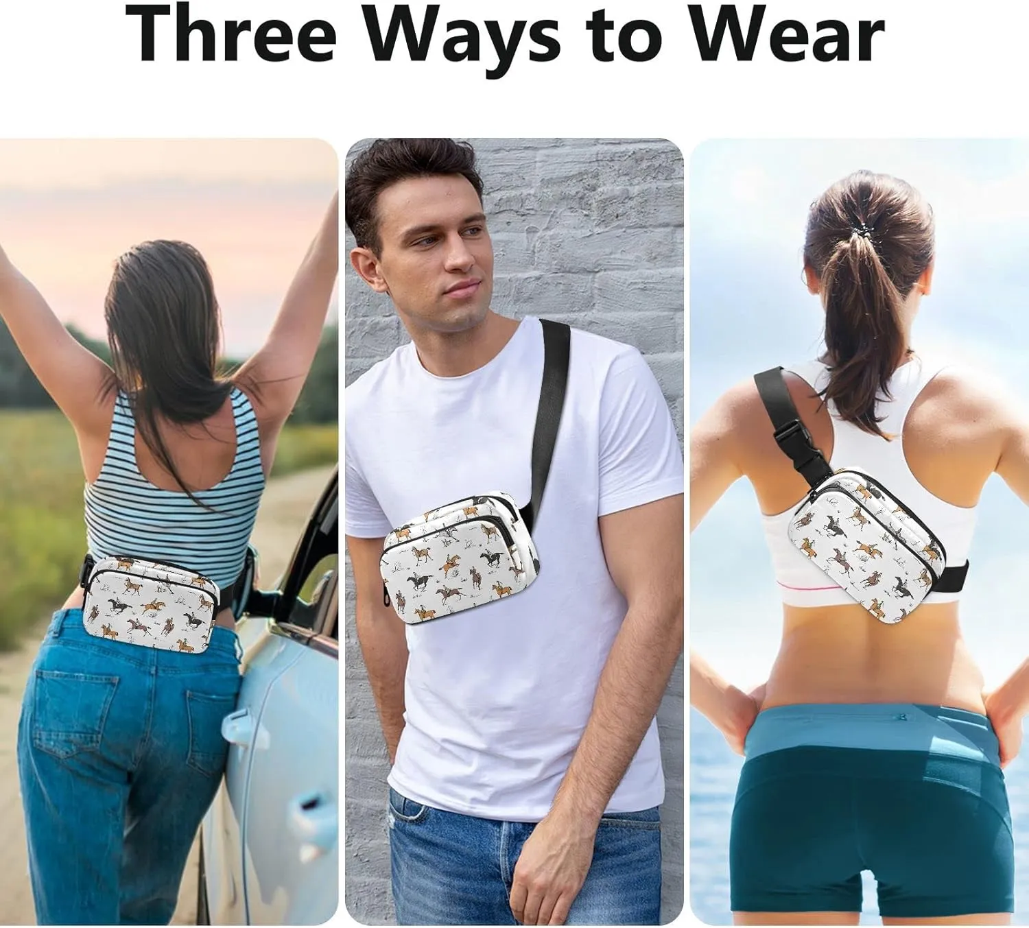 Exnundod Equestrian Sport Fanny Pack Waist Bag for Men&Women, Horse Landscape Adjustable Belt Bag Waterproof Fashion Waist Bag for Traveling Casual Running Hiking Cycling