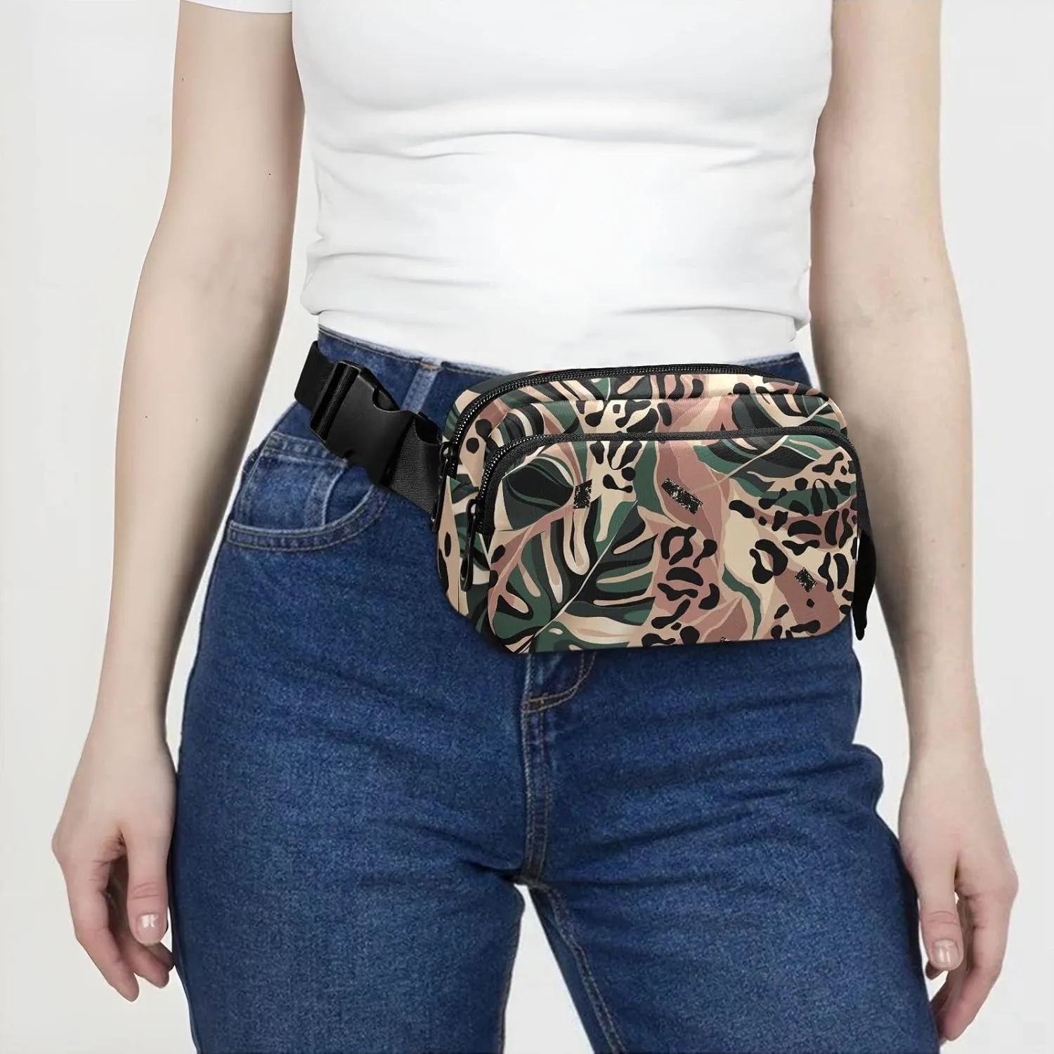 Exnundod Leopard Print Palm Leaves Fanny Pack Waist Bag for Men&Women, Exotic Cheetah Animal Adjustable Belt Bag Waterproof Fashion Waist Bag for Traveling Casual Running Hiking Cycling