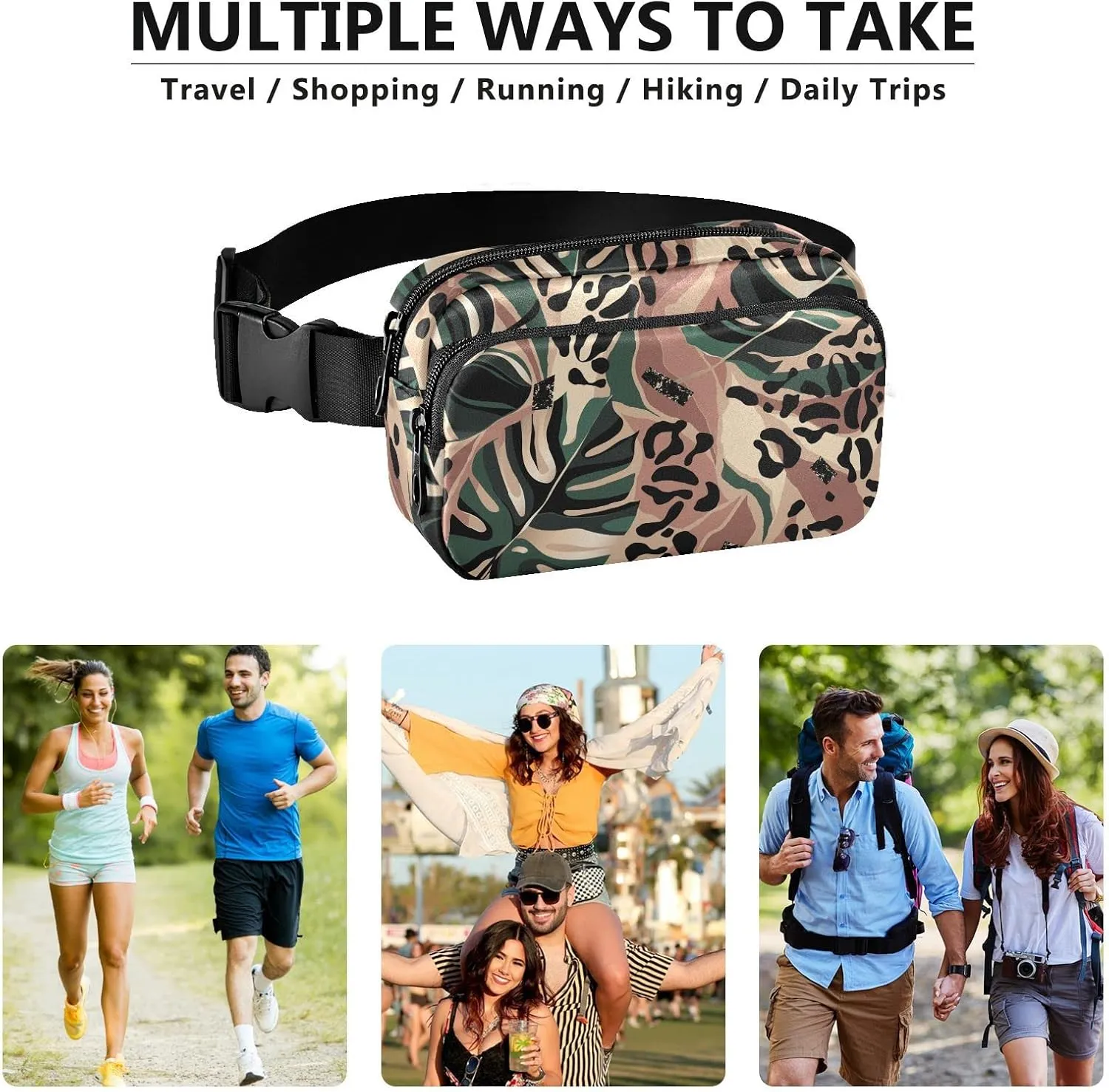 Exnundod Leopard Print Palm Leaves Fanny Pack Waist Bag for Men&Women, Exotic Cheetah Animal Adjustable Belt Bag Waterproof Fashion Waist Bag for Traveling Casual Running Hiking Cycling