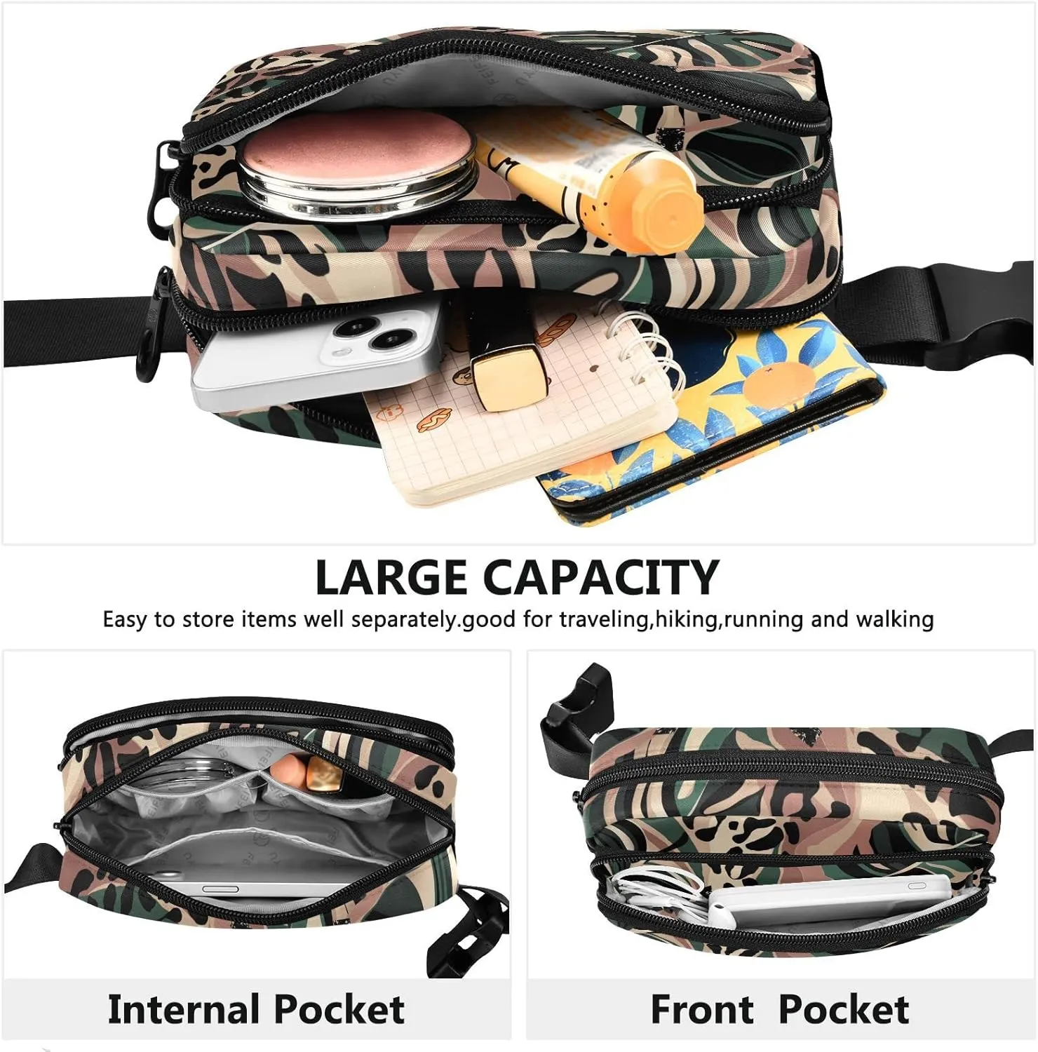 Exnundod Leopard Print Palm Leaves Fanny Pack Waist Bag for Men&Women, Exotic Cheetah Animal Adjustable Belt Bag Waterproof Fashion Waist Bag for Traveling Casual Running Hiking Cycling