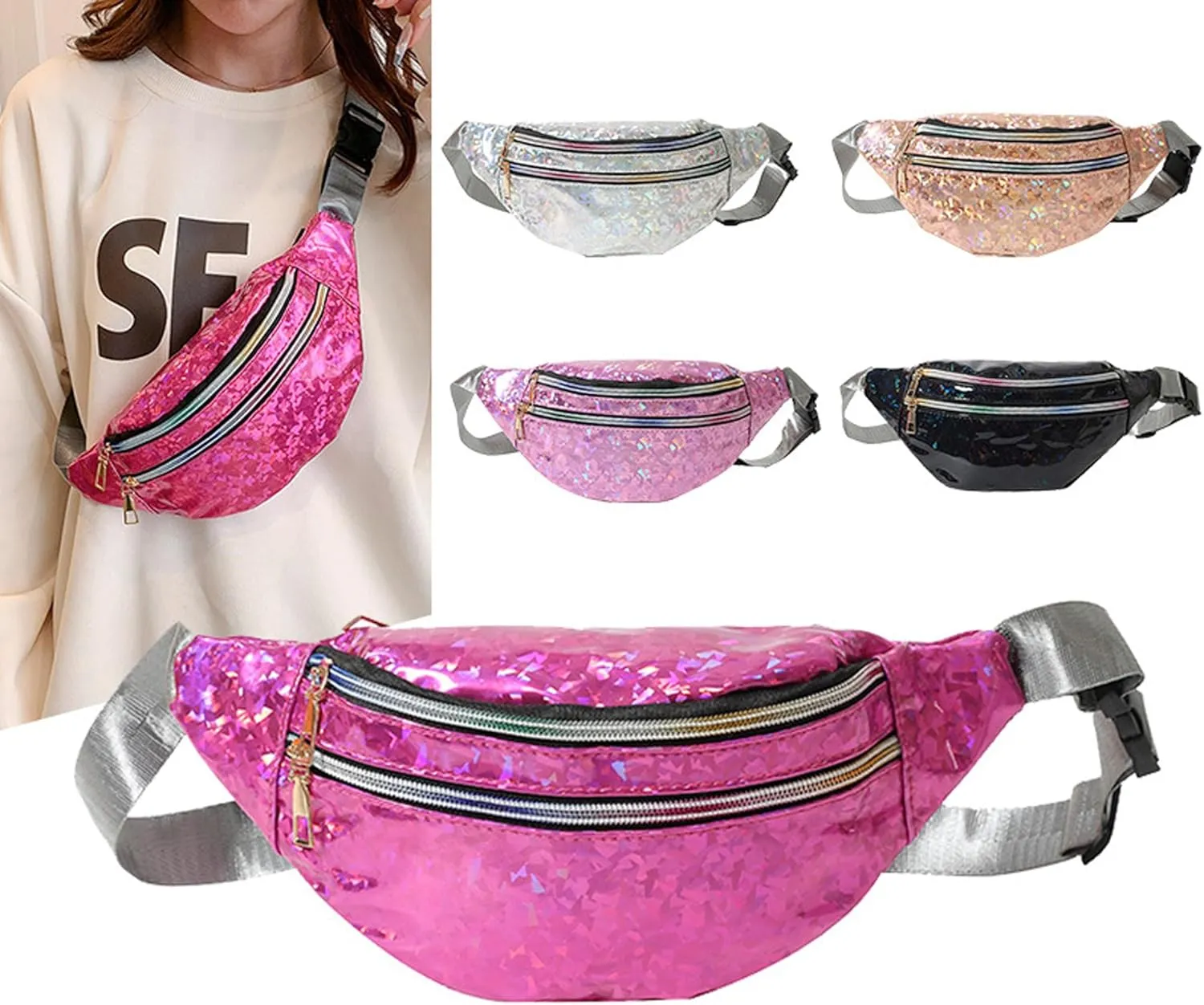 eYLun Women Holographic Fanny Pack Belt Bag Crossbody Bag Waist Bag Waterproof Waist Packs Bumbag Running Traveling Silver