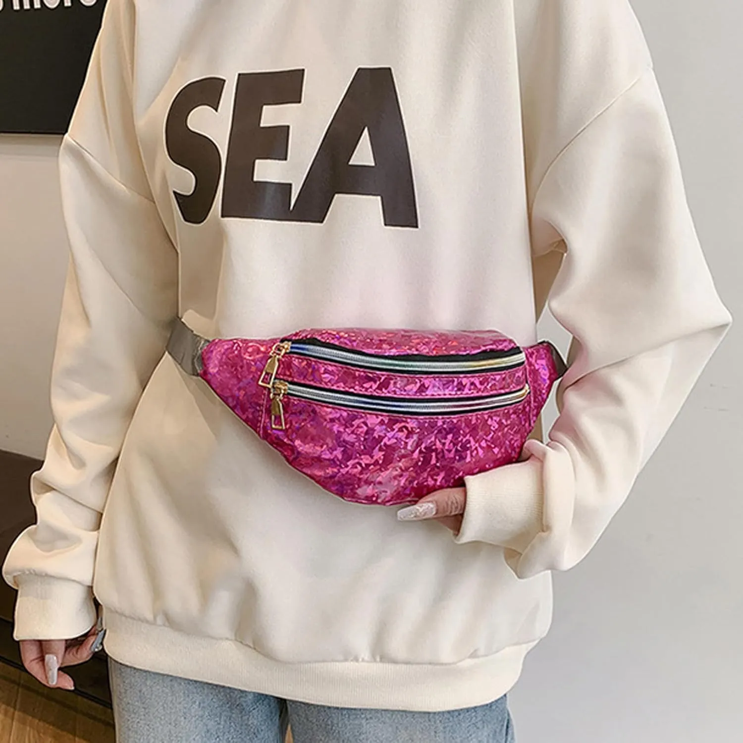 eYLun Women Holographic Fanny Pack Belt Bag Crossbody Bag Waist Bag Waterproof Waist Packs Bumbag Running Traveling Silver
