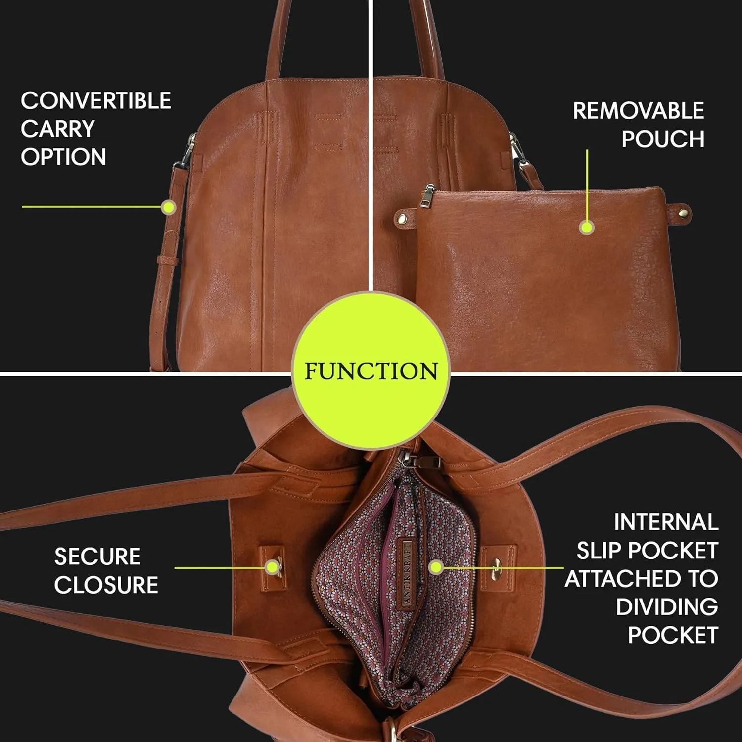 Faith Tote | Tote Bag with Removable Zipper Pouch for Women | Vegan Leather Handbag Purse |