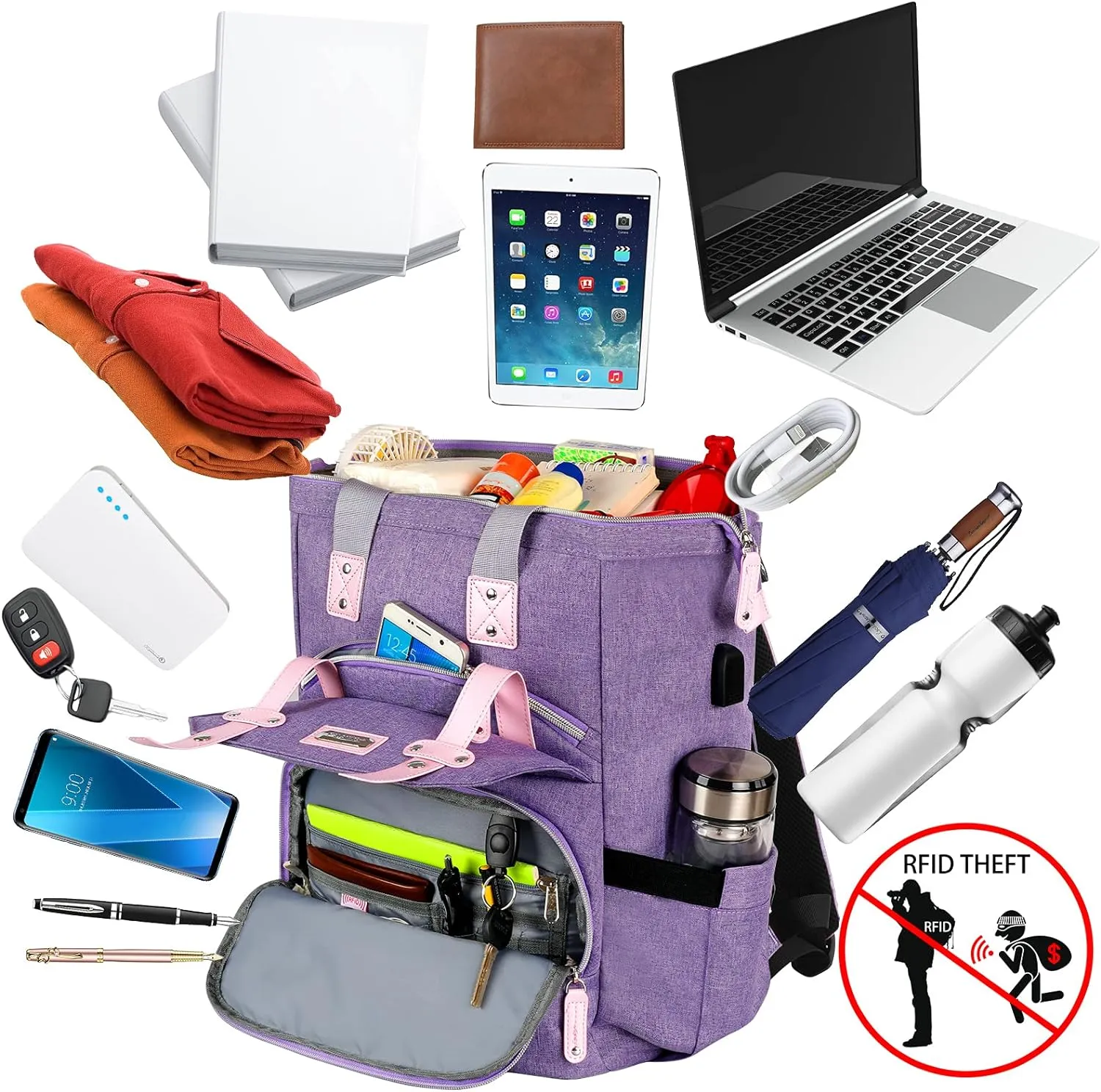 FALANKO Laptop Backpack for Women, Anti Theft Backpacks with USB Charging Port RFID Anti Theft Water Resistant,Wide Top Open Work Teacher College Travel Computer Bag for Woman Fits 15.6 Inch Laptop
