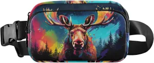 Fanny Pack Brightly Colored Moose Print Water Resistant Waist Pack Zipper Closure for Women Men 8×5.3×1.6 IN