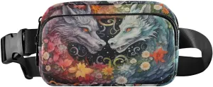 Fanny Pack Dragons Flowers Print, Water Resistant Waist Pack Zipper Closure Crossbody Travel Bag 8×5.3×1.6 IN