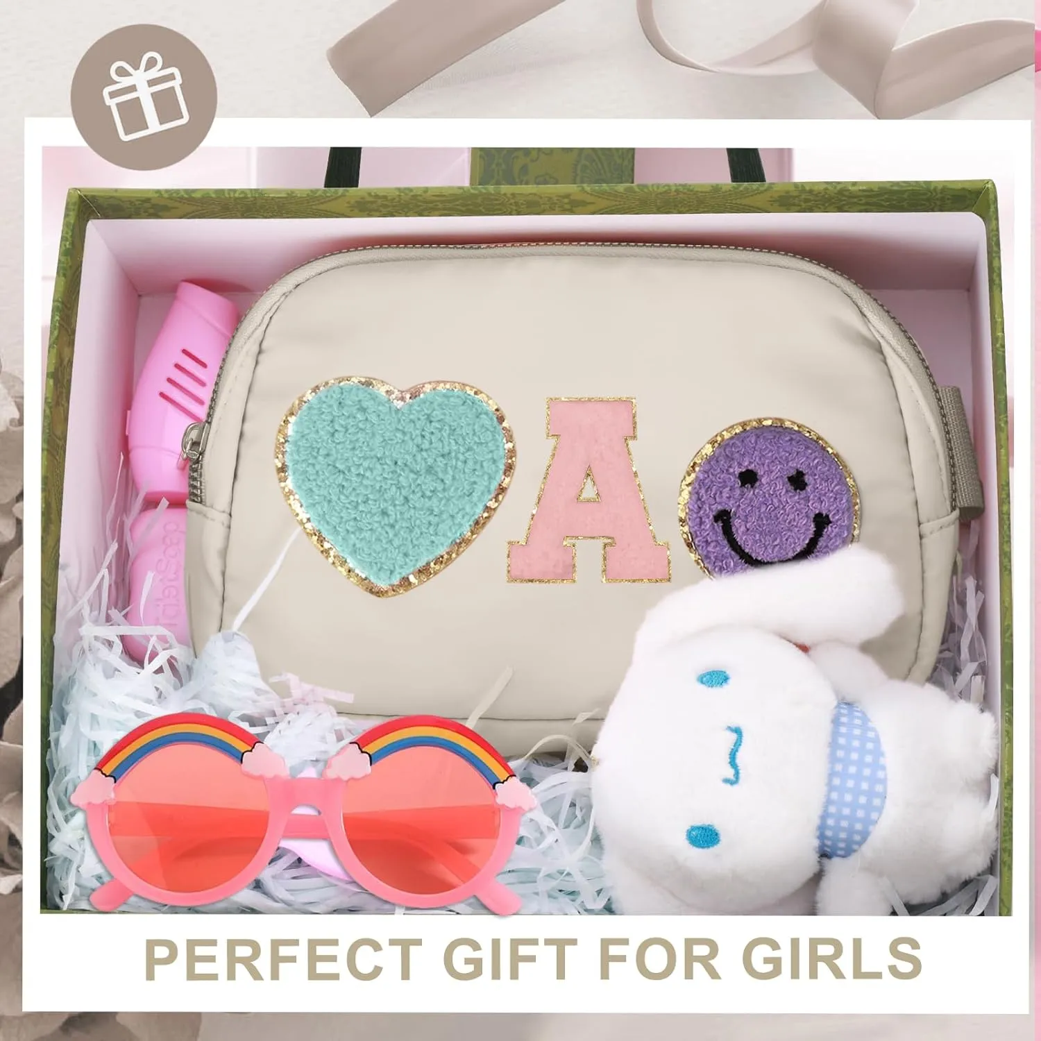 Fanny Pack for Girls 4-14, Nylon Kids Crossbody Bag Belt Bag with Keychain, Cream (Cream A)