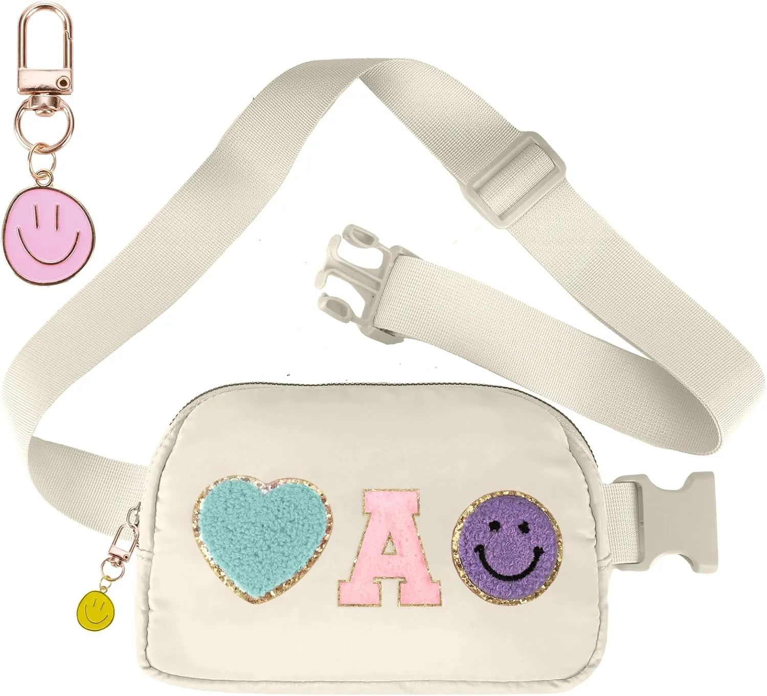 Fanny Pack for Girls 4-14, Nylon Kids Crossbody Bag Belt Bag with Keychain, Cream (Cream A)