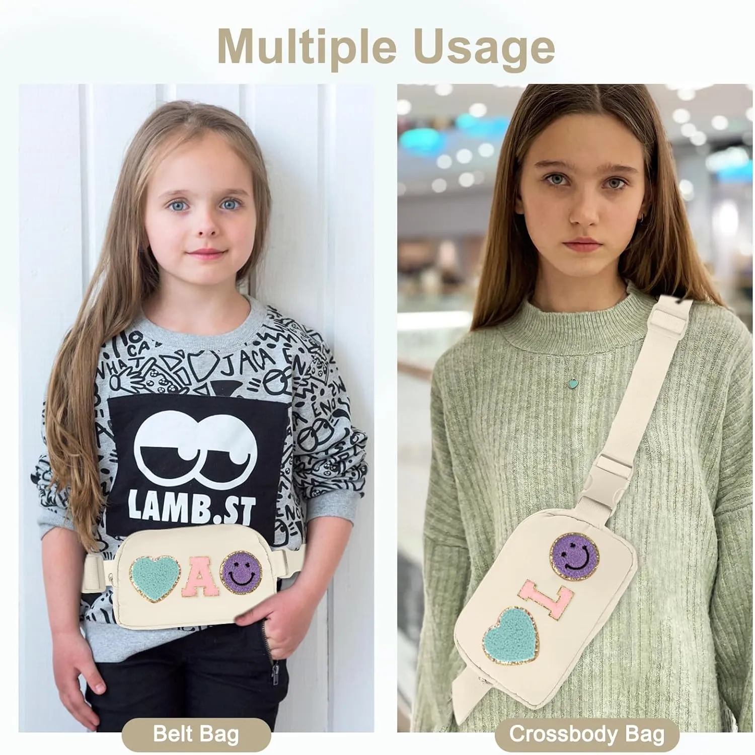 Fanny Pack for Girls 4-14, Nylon Kids Crossbody Bag Belt Bag with Keychain, Cream (Cream A)