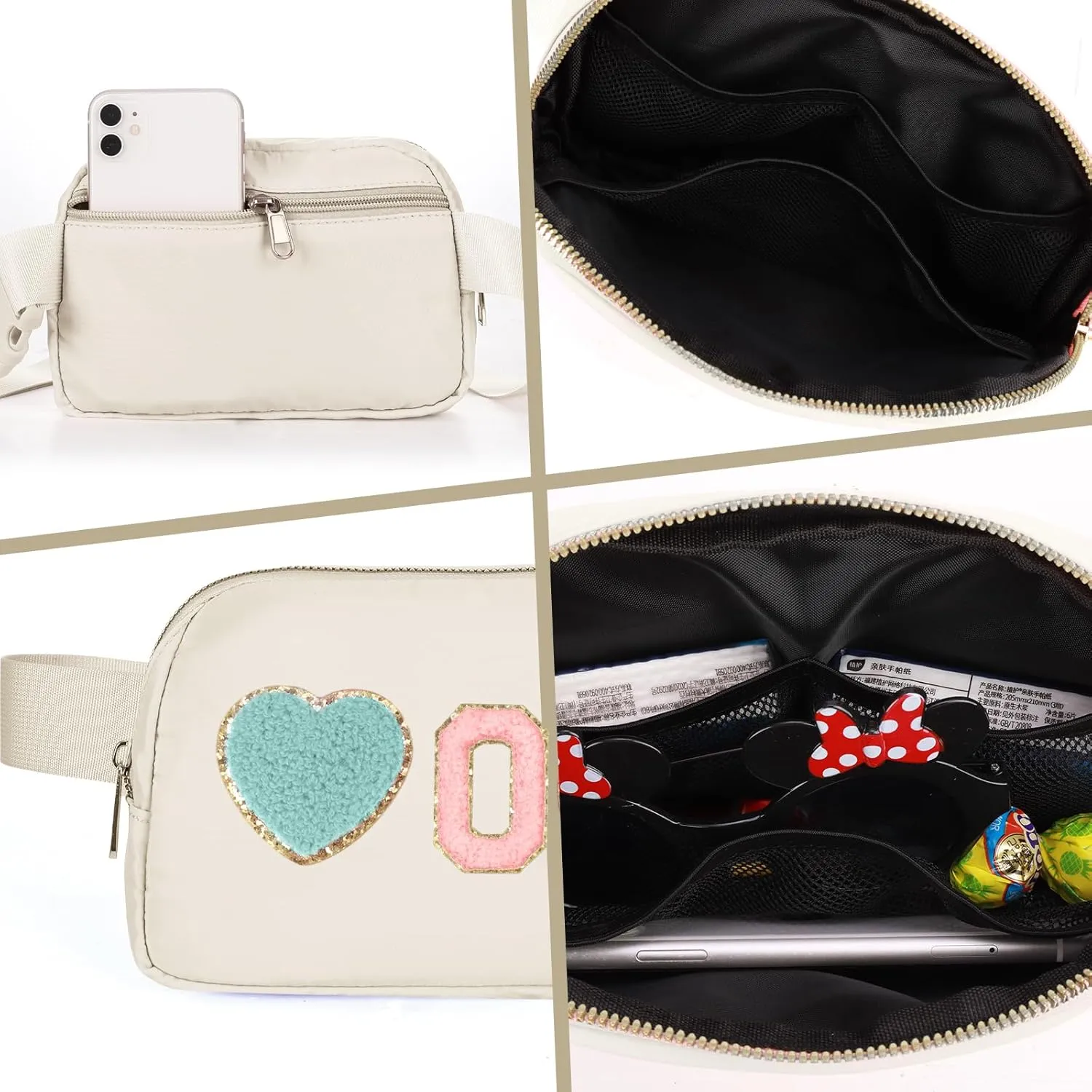 Fanny Pack for Girls 4-14, Nylon Kids Crossbody Bag Belt Bag with Keychain, Cream (Cream A)