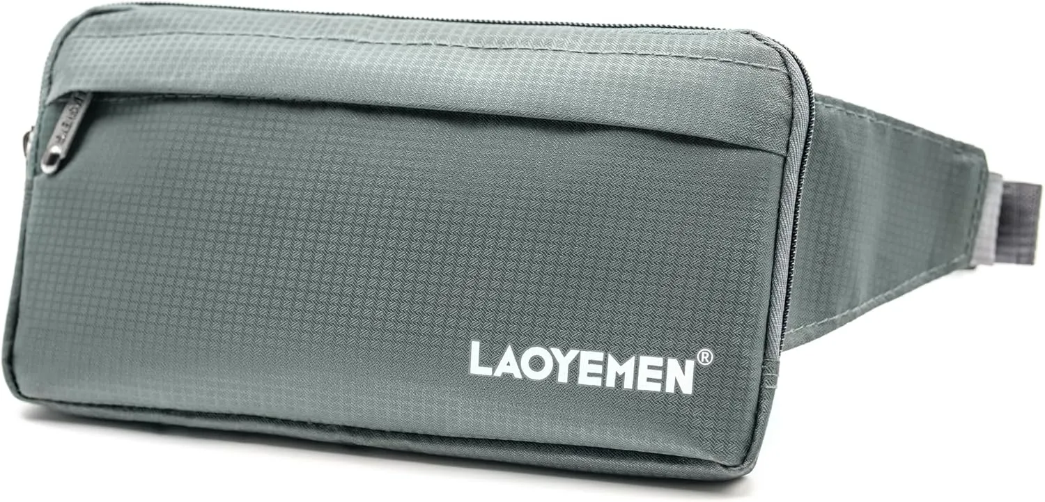 Fanny Pack for Men Women, Slim Waist Bag with 4 Zipper Pockets, Ideal Water-resistant Bum Bag Hip Pack Fannie Pack for Running Jogging Hiking Cycling Grey