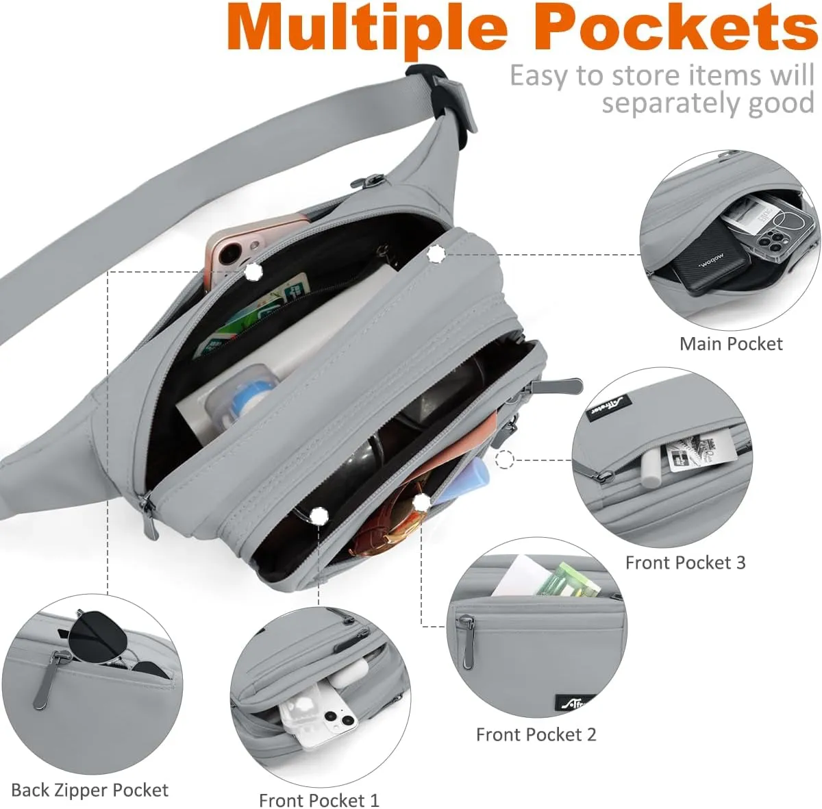 Fanny Pack for Men Women Waterproof Waist Pack Lightweight Belt Bag with 5-Zipper Pockets Crossbody Bag with Adjustable Strap for Sports Traveling Running Hiking (Grey)