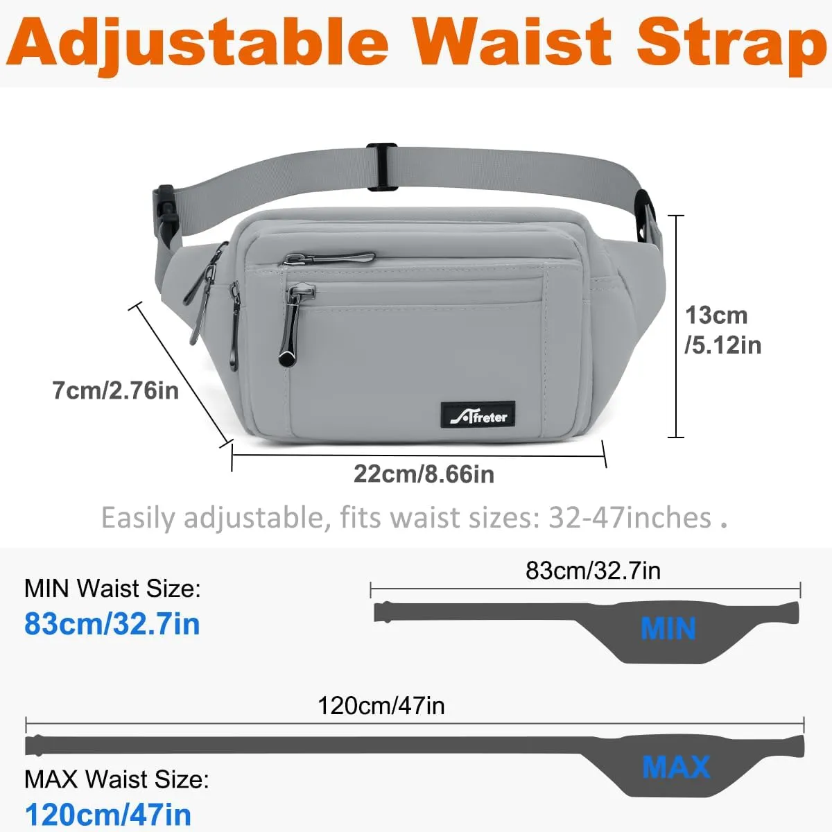 Fanny Pack for Men Women Waterproof Waist Pack Lightweight Belt Bag with 5-Zipper Pockets Crossbody Bag with Adjustable Strap for Sports Traveling Running Hiking (Grey)