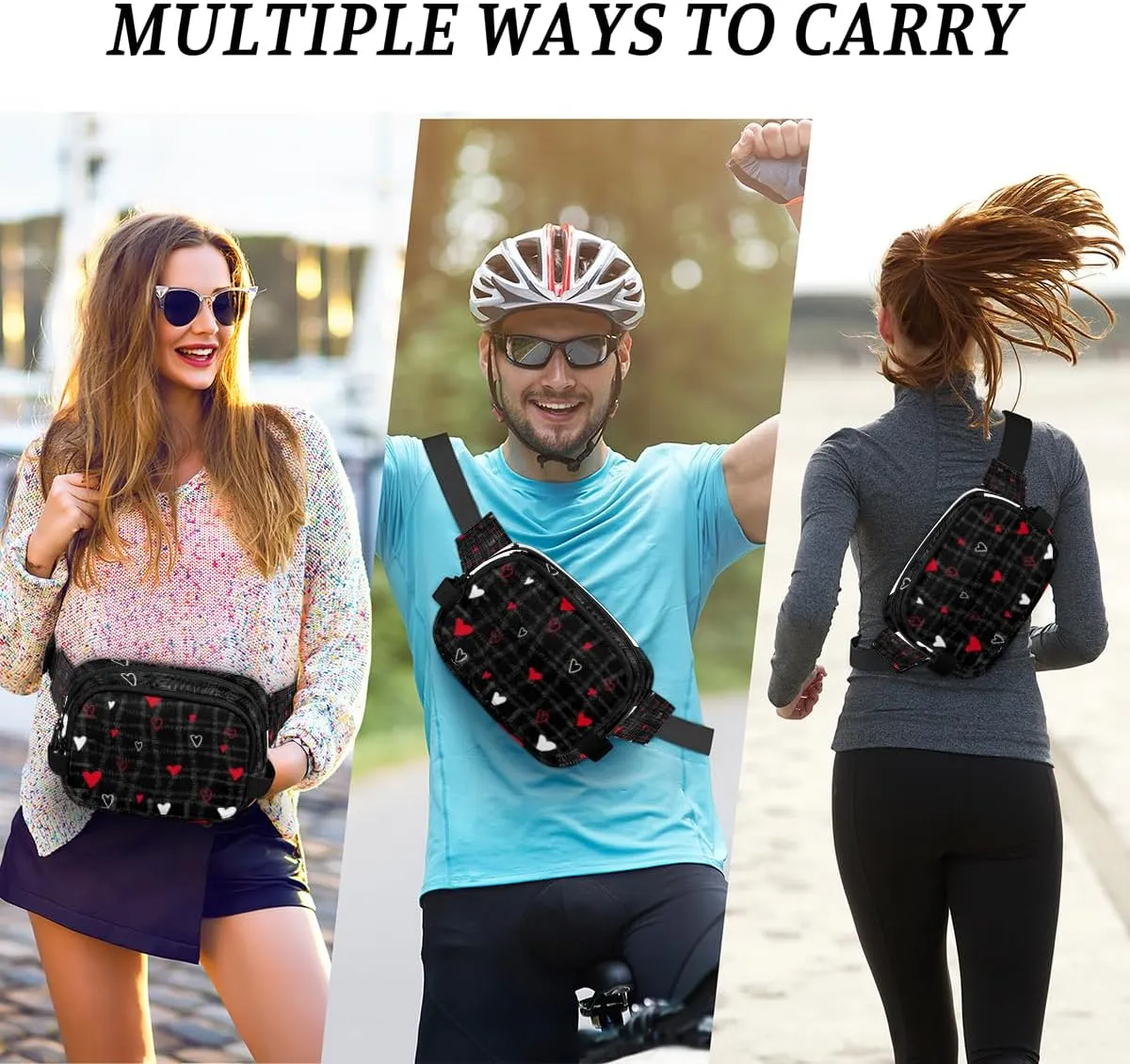Fanny Pack for Women Men Abstraction Love Hearts Crossbody Belt Bag with 3 Zipper Pockets Fashion Waterproof Waist Pack with Adjustable Strap for Travel Running Hiking Cycling