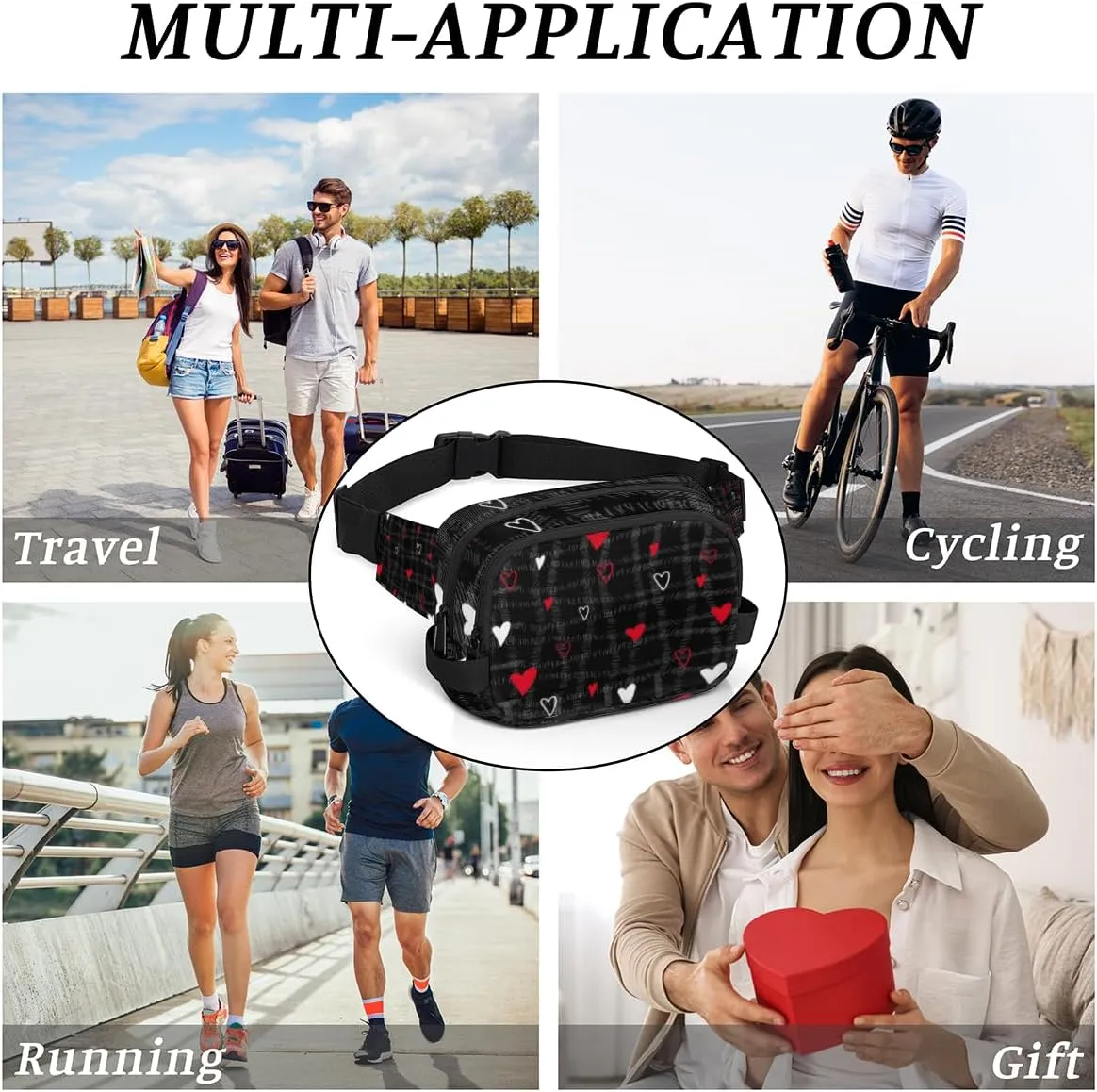 Fanny Pack for Women Men Abstraction Love Hearts Crossbody Belt Bag with 3 Zipper Pockets Fashion Waterproof Waist Pack with Adjustable Strap for Travel Running Hiking Cycling