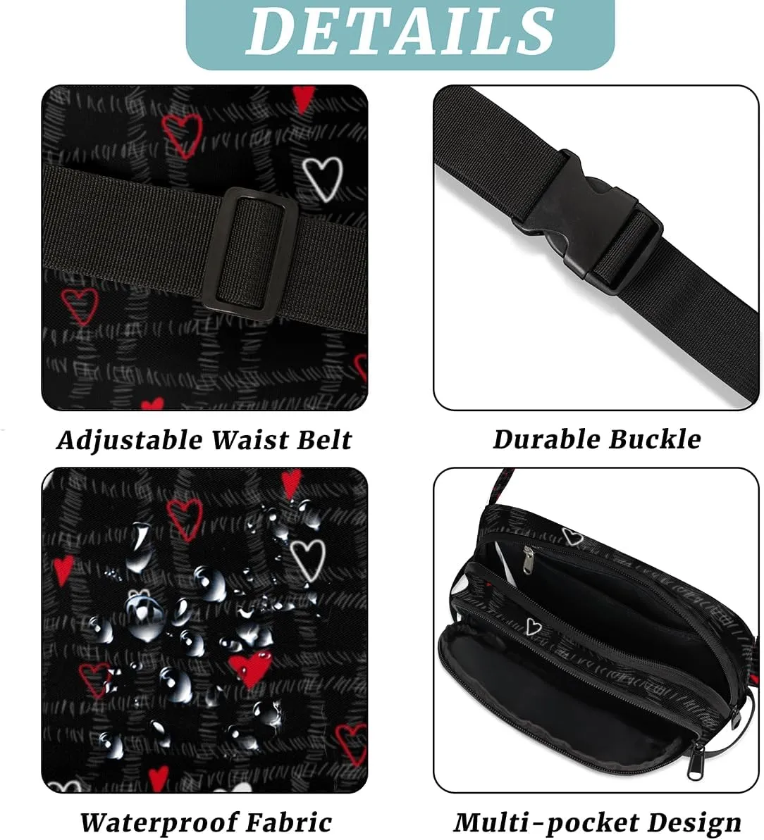 Fanny Pack for Women Men Abstraction Love Hearts Crossbody Belt Bag with 3 Zipper Pockets Fashion Waterproof Waist Pack with Adjustable Strap for Travel Running Hiking Cycling