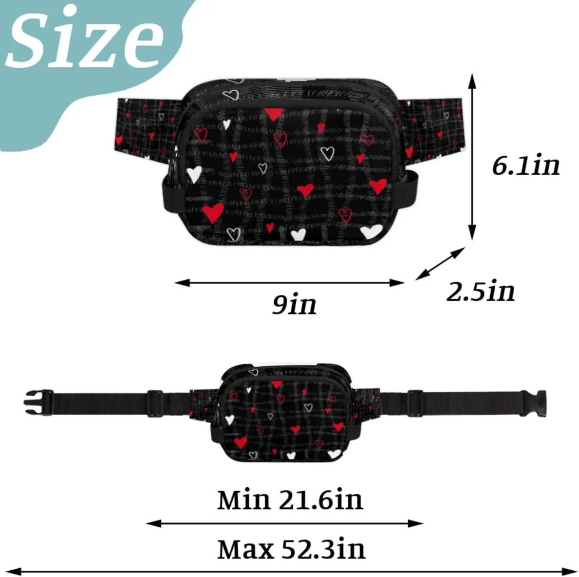 Fanny Pack for Women Men Abstraction Love Hearts Crossbody Belt Bag with 3 Zipper Pockets Fashion Waterproof Waist Pack with Adjustable Strap for Travel Running Hiking Cycling