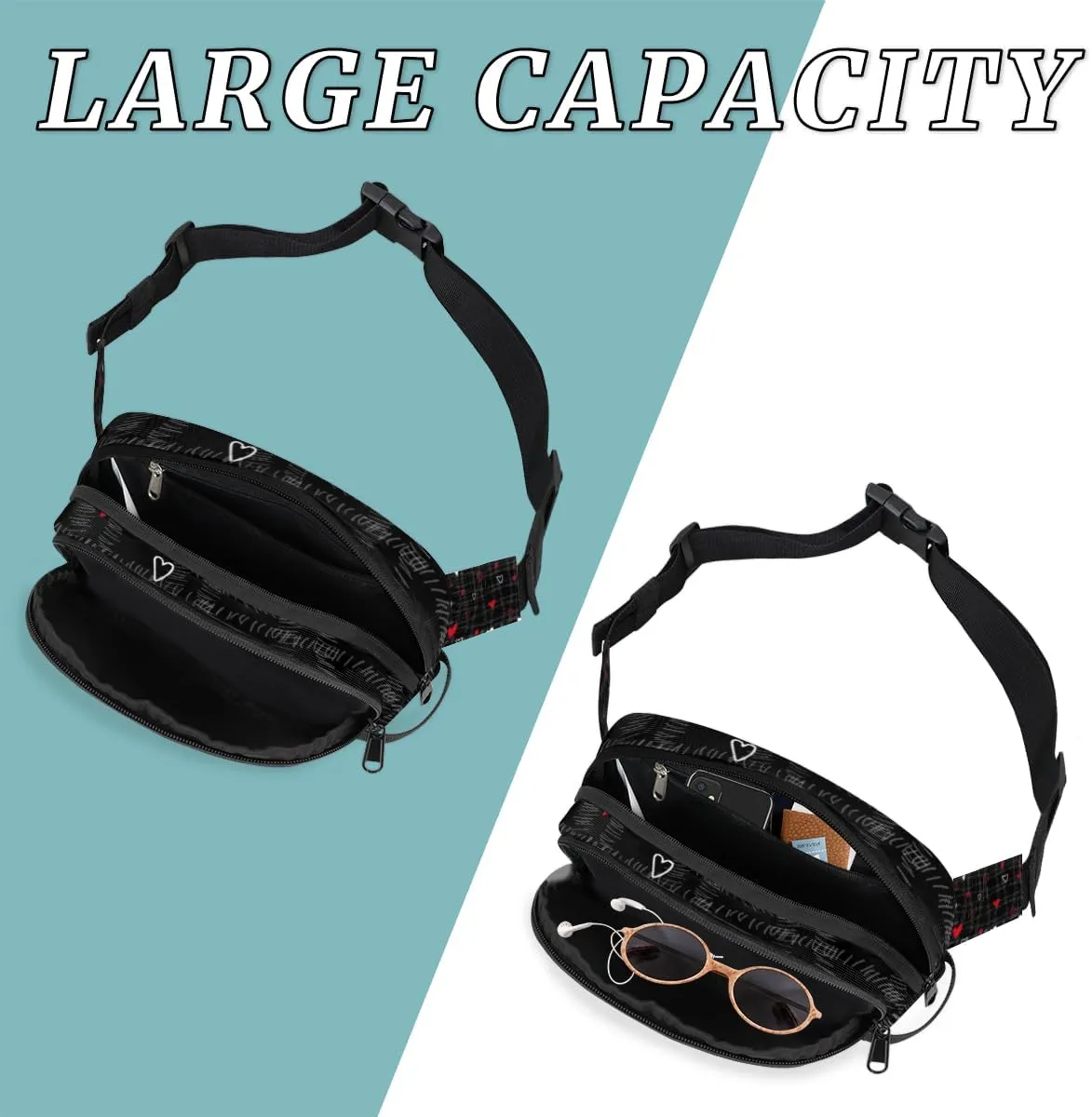 Fanny Pack for Women Men Abstraction Love Hearts Crossbody Belt Bag with 3 Zipper Pockets Fashion Waterproof Waist Pack with Adjustable Strap for Travel Running Hiking Cycling