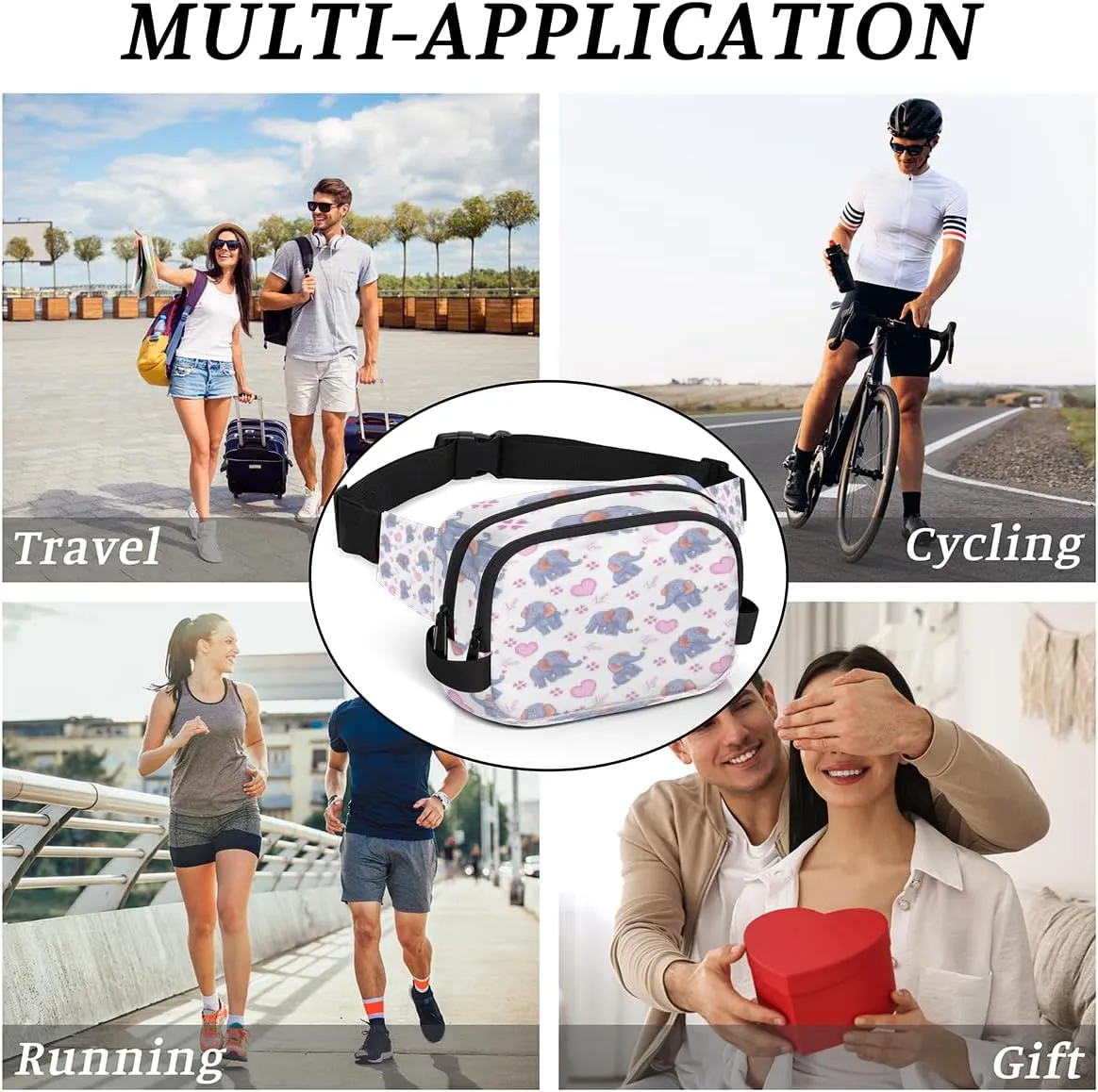 Fanny Pack for Women Men Animal Elephant Pattern Crossbody Belt Bag with 3 Zipper Pockets Fashion Waterproof Waist Pack with Adjustable Strap for Travel Running Hiking Cycling