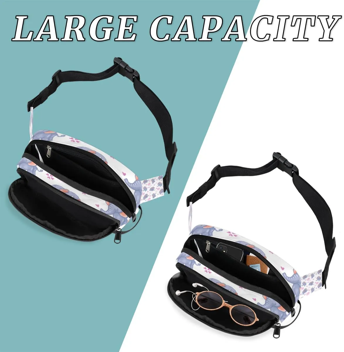 Fanny Pack for Women Men Animal Elephant Pattern Crossbody Belt Bag with 3 Zipper Pockets Fashion Waterproof Waist Pack with Adjustable Strap for Travel Running Hiking Cycling