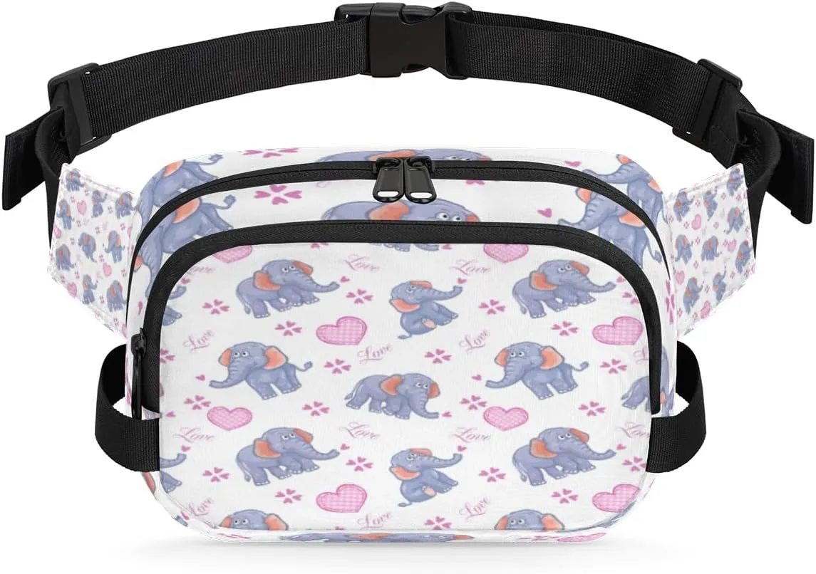 Fanny Pack for Women Men Animal Elephant Pattern Crossbody Belt Bag with 3 Zipper Pockets Fashion Waterproof Waist Pack with Adjustable Strap for Travel Running Hiking Cycling