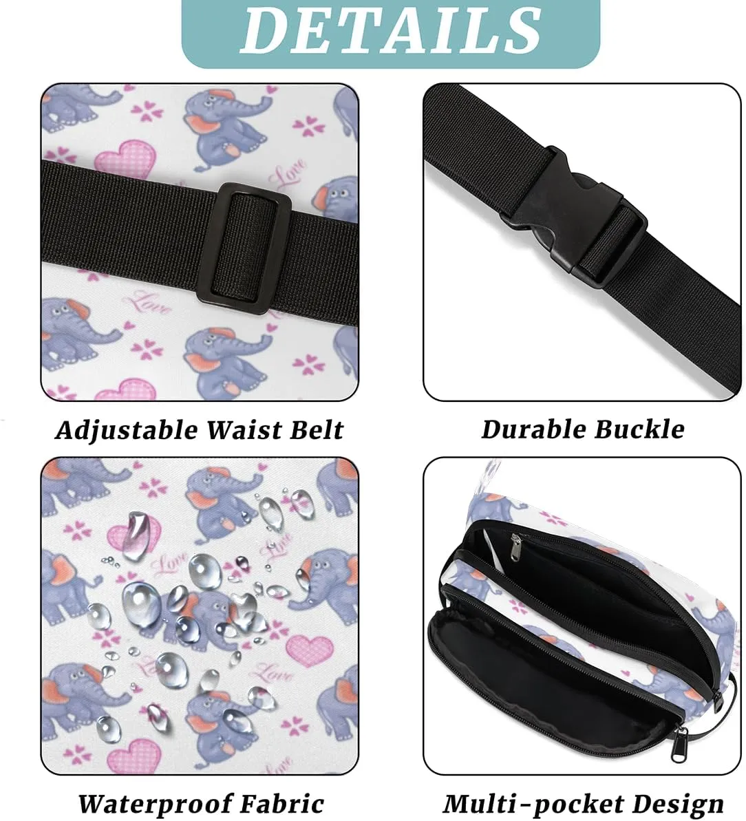 Fanny Pack for Women Men Animal Elephant Pattern Crossbody Belt Bag with 3 Zipper Pockets Fashion Waterproof Waist Pack with Adjustable Strap for Travel Running Hiking Cycling