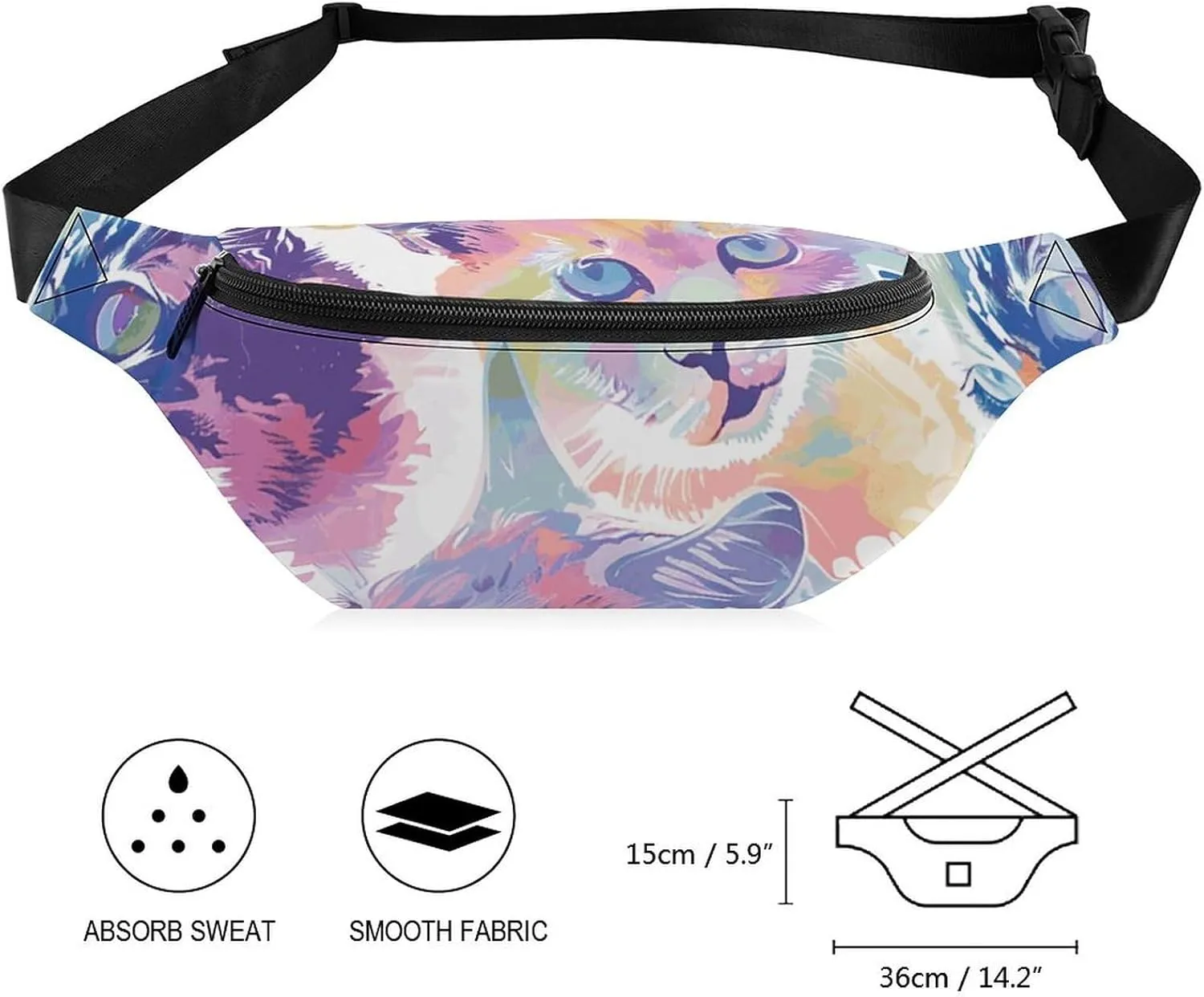Fanny Pack for Women Men Colorful Cat Head Pattern Waist Pack Adjustable Belt Bag for Workout Running Travelling Casual Waist Bag, 36*15cm, style-2