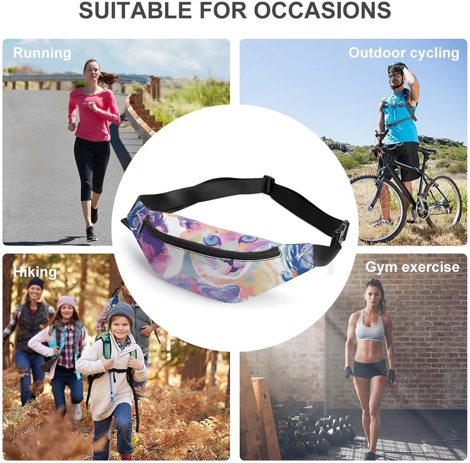 Fanny Pack for Women Men Colorful Cat Head Pattern Waist Pack Adjustable Belt Bag for Workout Running Travelling Casual Waist Bag, 36*15cm, style-2