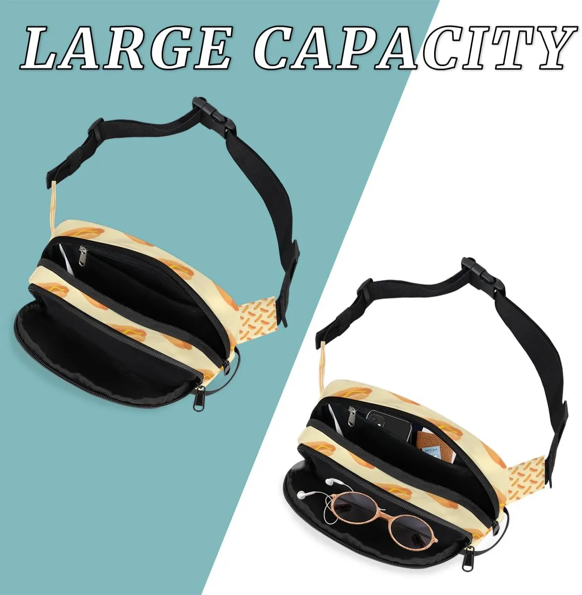 Fanny Pack for Women Men Hot Dog Crossbody Belt Bag with 3 Zipper Pockets Fashion Waterproof Waist Pack with Adjustable Strap for Travel Running Hiking Cycling