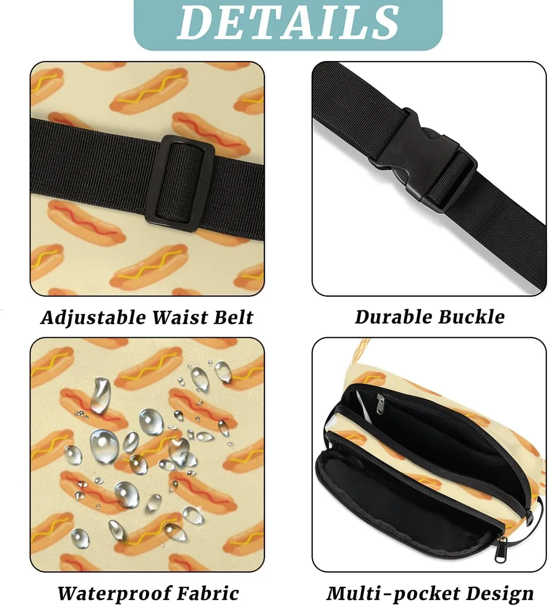 Fanny Pack for Women Men Hot Dog Crossbody Belt Bag with 3 Zipper Pockets Fashion Waterproof Waist Pack with Adjustable Strap for Travel Running Hiking Cycling