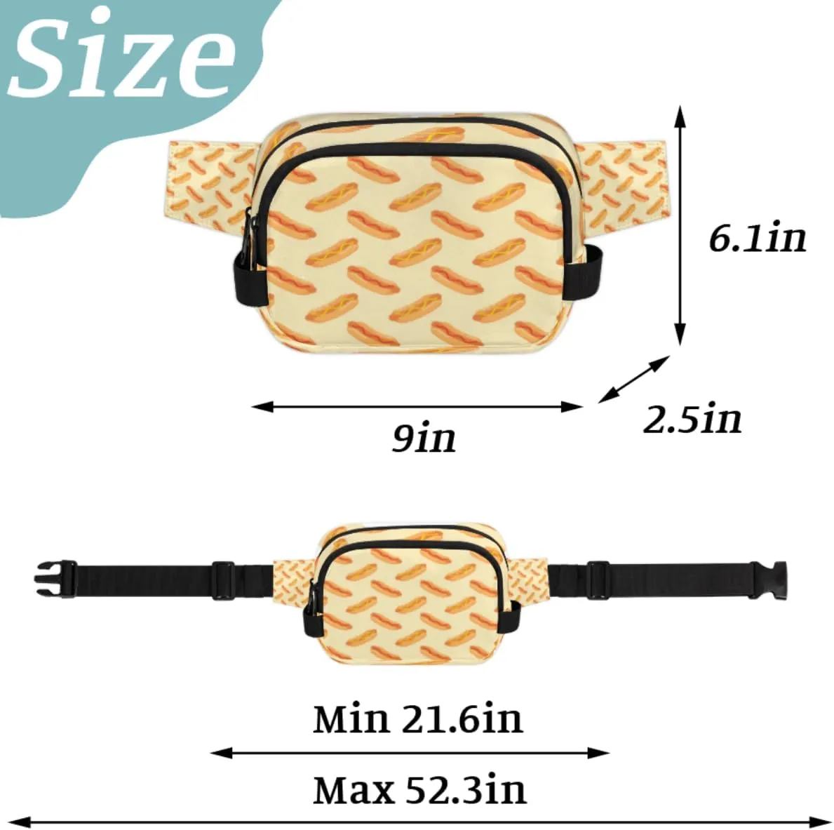 Fanny Pack for Women Men Hot Dog Crossbody Belt Bag with 3 Zipper Pockets Fashion Waterproof Waist Pack with Adjustable Strap for Travel Running Hiking Cycling