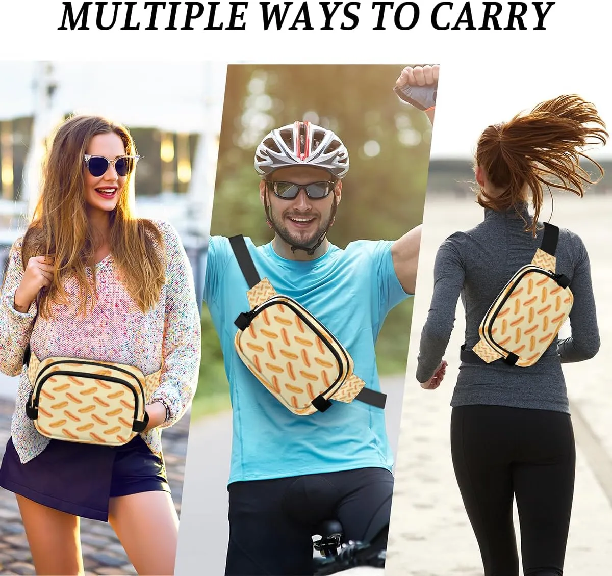 Fanny Pack for Women Men Hot Dog Crossbody Belt Bag with 3 Zipper Pockets Fashion Waterproof Waist Pack with Adjustable Strap for Travel Running Hiking Cycling