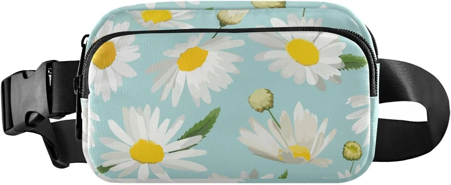 Fanny Pack Waist Bag for Men Women White Daisy Floral Crossbody Fashion Waist Packs Belt Bag with Adjustable Strap for Traveling, Hiking, Jogging, Cycling