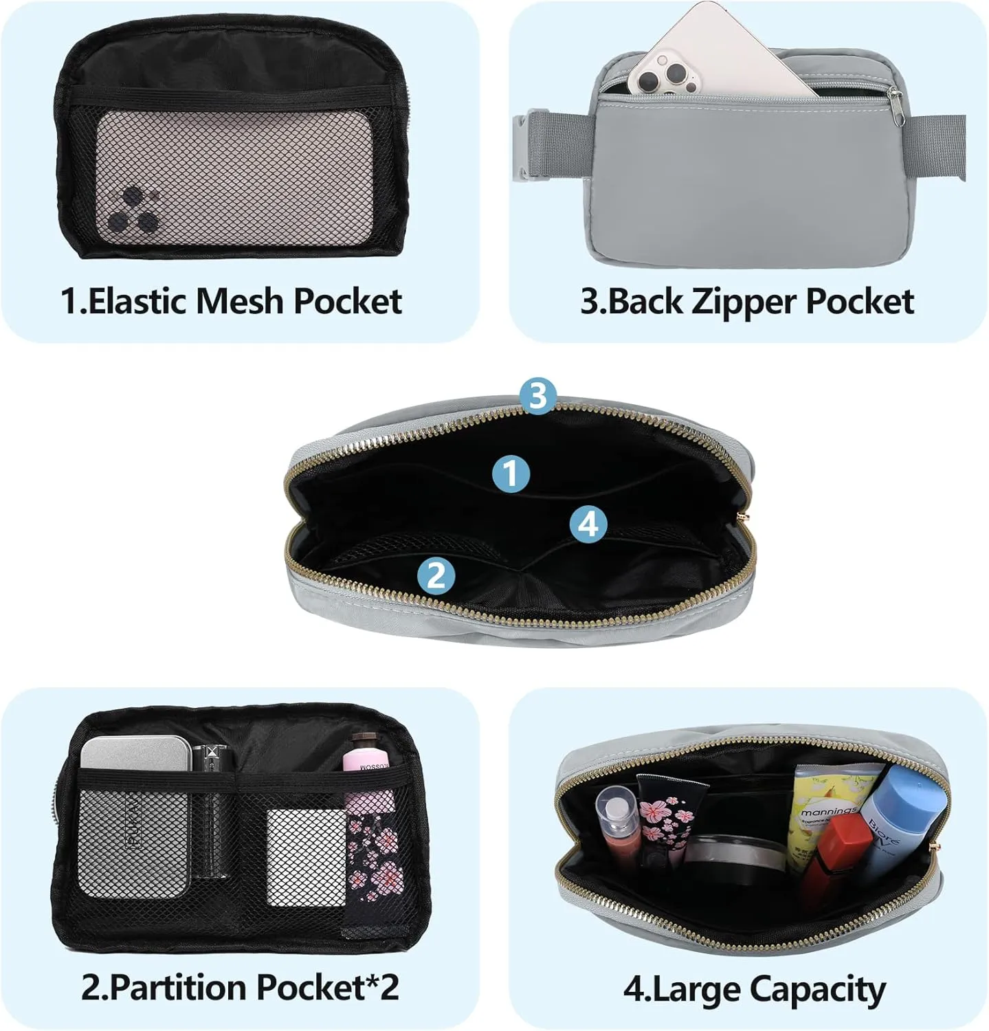 Fanny Pack with Strap Extension for Women and Men Crossbody Bag Belt Bag Bum Bag with Adjustable Strap for Hiking Workout Sports Travel Gifts for Teen Girl Light Grey