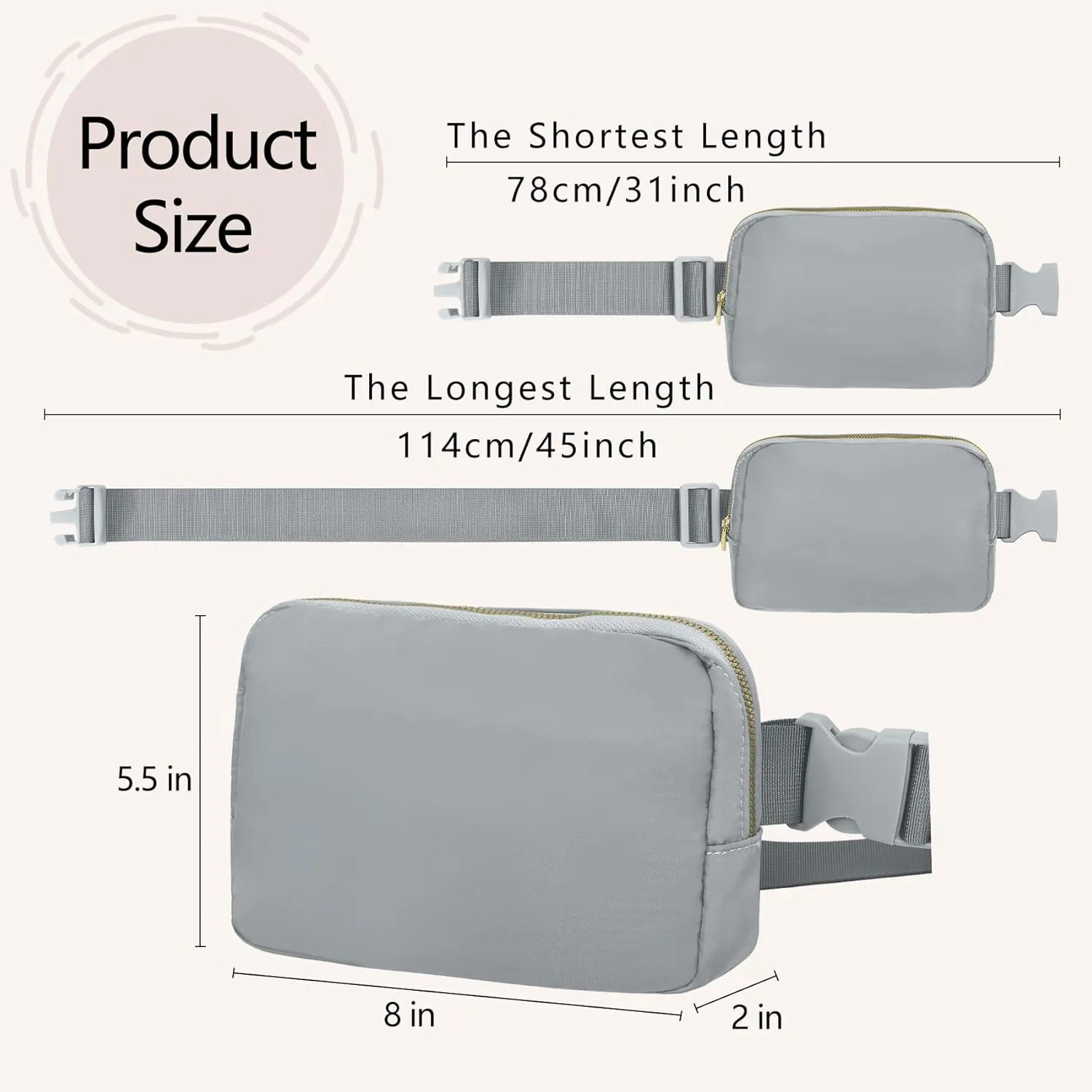 Fanny Pack with Strap Extension for Women and Men Crossbody Bag Belt Bag Bum Bag with Adjustable Strap for Hiking Workout Sports Travel Gifts for Teen Girl Light Grey