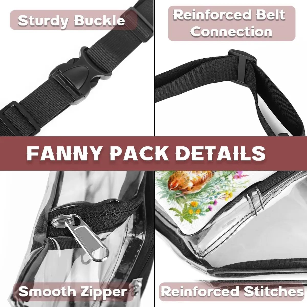 Farmhouse Chicken Hen Clear Fanny Pack Stadium Approved Clear Crossbody Belt Bag for Women Men Transparent Waist Bag with Adjustable Strap for Concerts Sports Events Travel