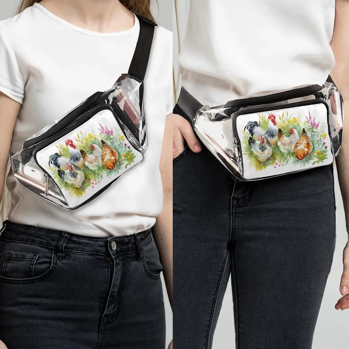 Farmhouse Chicken Hen Clear Fanny Pack Stadium Approved Clear Crossbody Belt Bag for Women Men Transparent Waist Bag with Adjustable Strap for Concerts Sports Events Travel