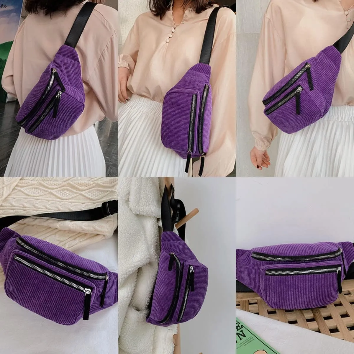 Fashion Corduroy Waist Pack Zipper Chest Fanny Pack Adjustable Belt Bag Cell Phone Wallet Purse for Sport Travel