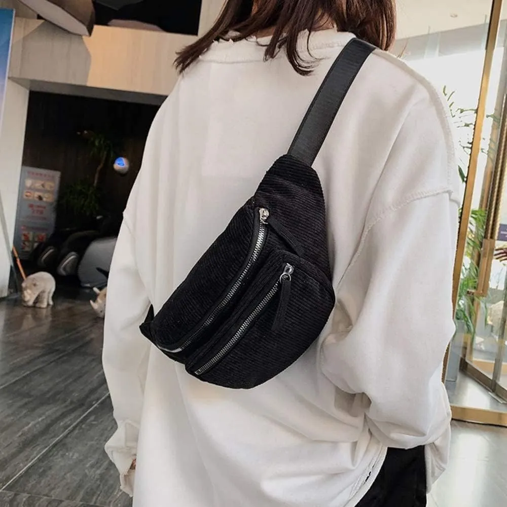 Fashion Corduroy Waist Pack Zipper Chest Fanny Pack Adjustable Belt Bag Cell Phone Wallet Purse for Sport Travel
