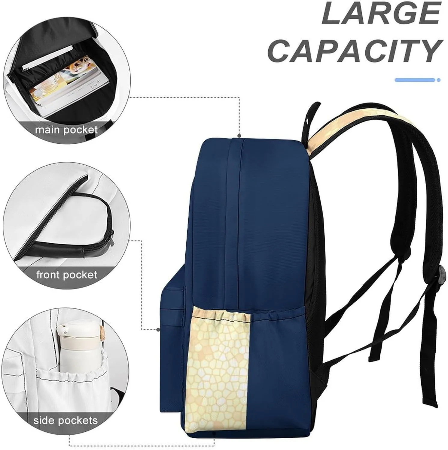 Faux Gold Navy Blue White Stripes Casual Lightweight Large Capacity Travel Backpack Unisex