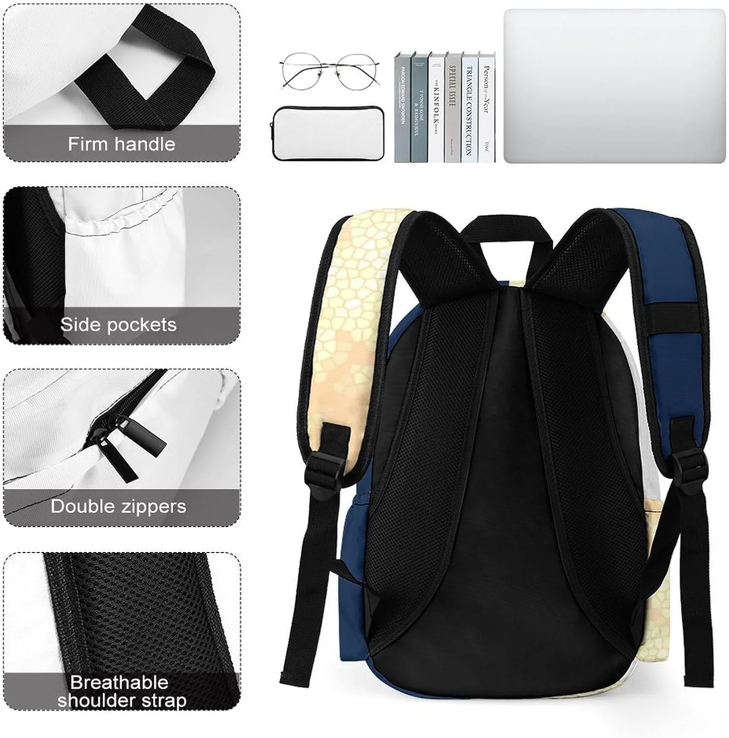 Faux Gold Navy Blue White Stripes Casual Lightweight Large Capacity Travel Backpack Unisex