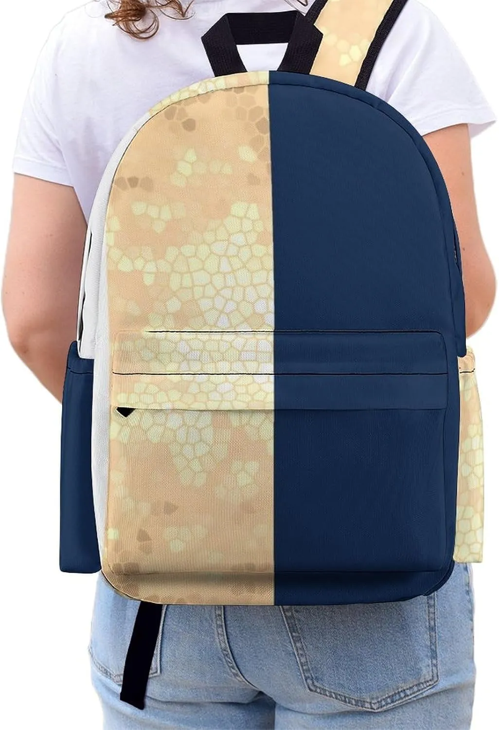 Faux Gold Navy Blue White Stripes Casual Lightweight Large Capacity Travel Backpack Unisex