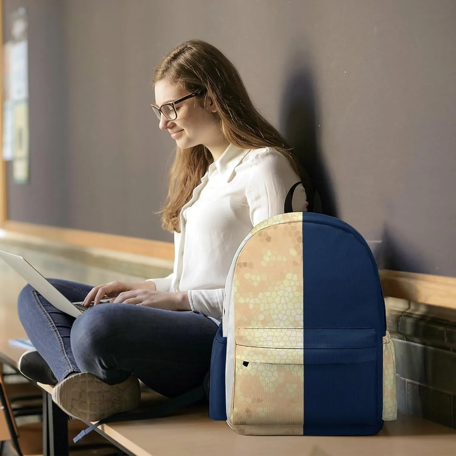 Faux Gold Navy Blue White Stripes Casual Lightweight Large Capacity Travel Backpack Unisex
