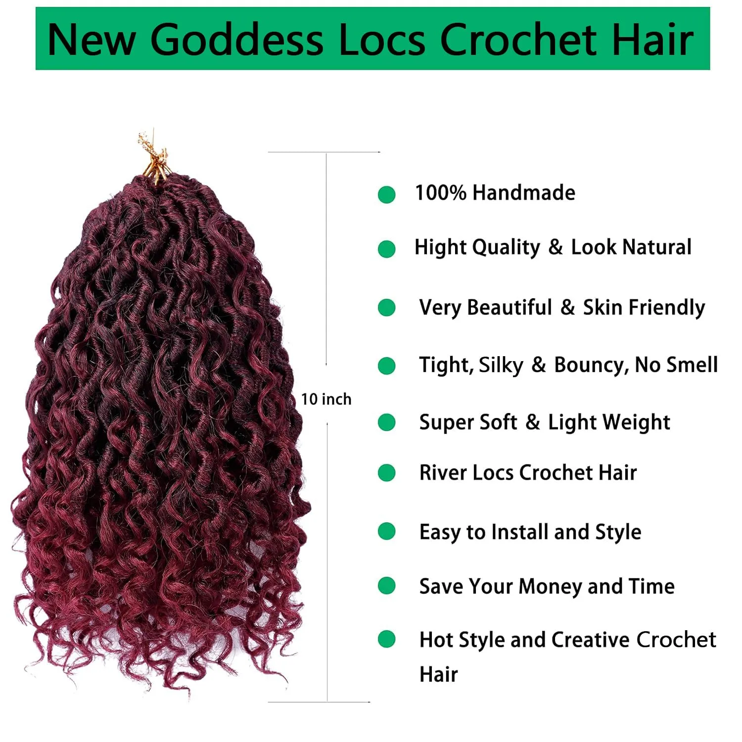 Faux Locs Crochet Hair - 10 Inch Ombre Goddess Locs with Curly Ends - Boho Hippie Synthetic Hair Extensions (6 packs, #1b/bug)