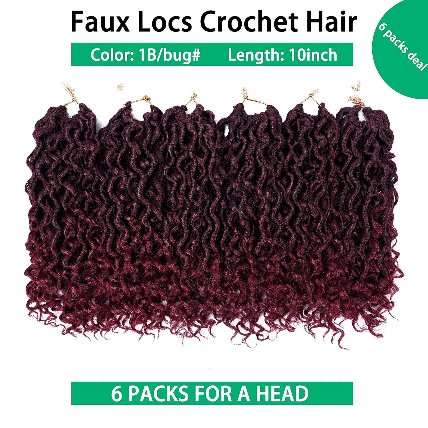 Faux Locs Crochet Hair - 10 Inch Ombre Goddess Locs with Curly Ends - Boho Hippie Synthetic Hair Extensions (6 packs, #1b/bug)