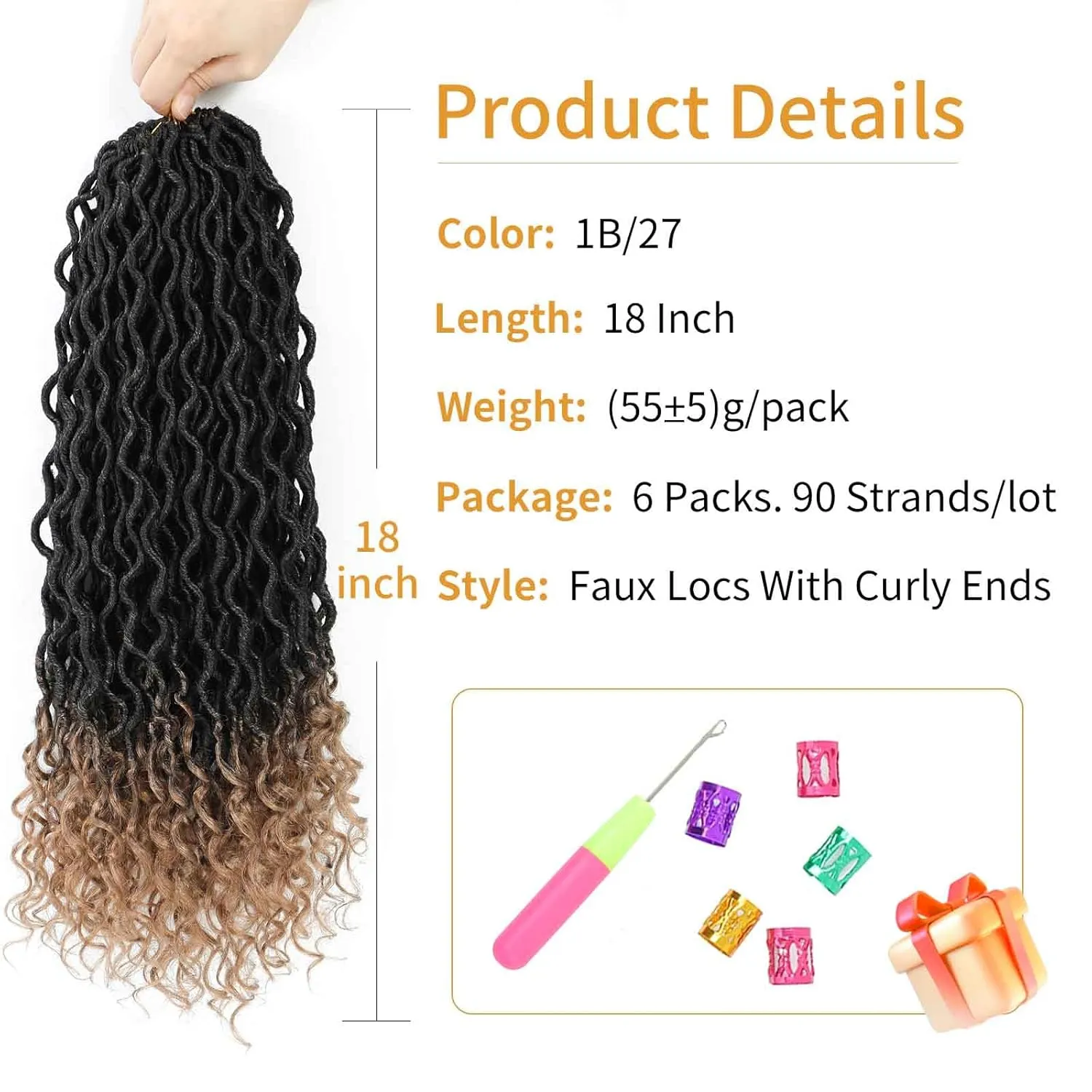 Faux Locs Crochet Hair 18 Inch 6 Packs Ombre Goddess Locs Crochet Hair For Black Women Pre Looped Faux Locs With Curly Ends Synthetic Loc Hair Extensions(1B/27, 18 Inch, 6 Packs)