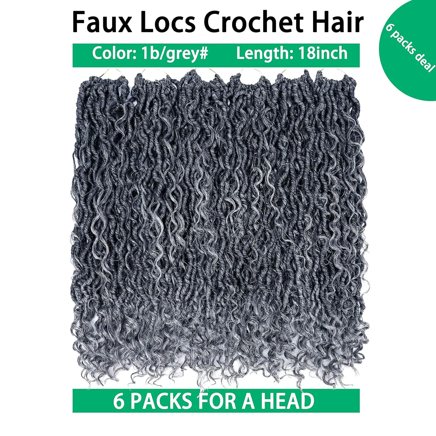 Faux Locs Crochet Hair 18 Inch Goddess Locs Ombre Grey Crochet Hair for Women 6 Packs Soft River Locs Gray Pre Looped Braids with Curly Ends Boho Hippie Locs Synthetic Hair Extensions, 1b/grey