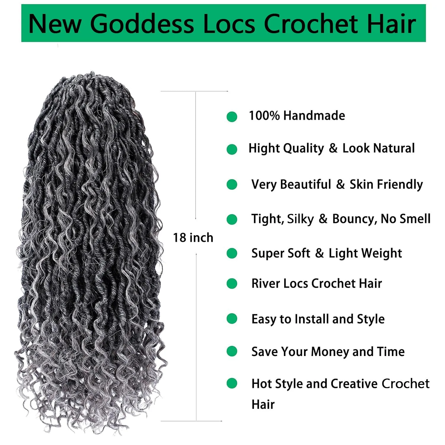 Faux Locs Crochet Hair 18 Inch Goddess Locs Ombre Grey Crochet Hair for Women 6 Packs Soft River Locs Gray Pre Looped Braids with Curly Ends Boho Hippie Locs Synthetic Hair Extensions, 1b/grey