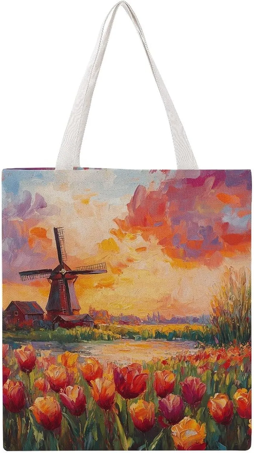 Field Of Tulips And Windmill Tote Bag Canvas Handbags Large Shoulder Bag Shopping Grocery Bags for Work Travel Shopping